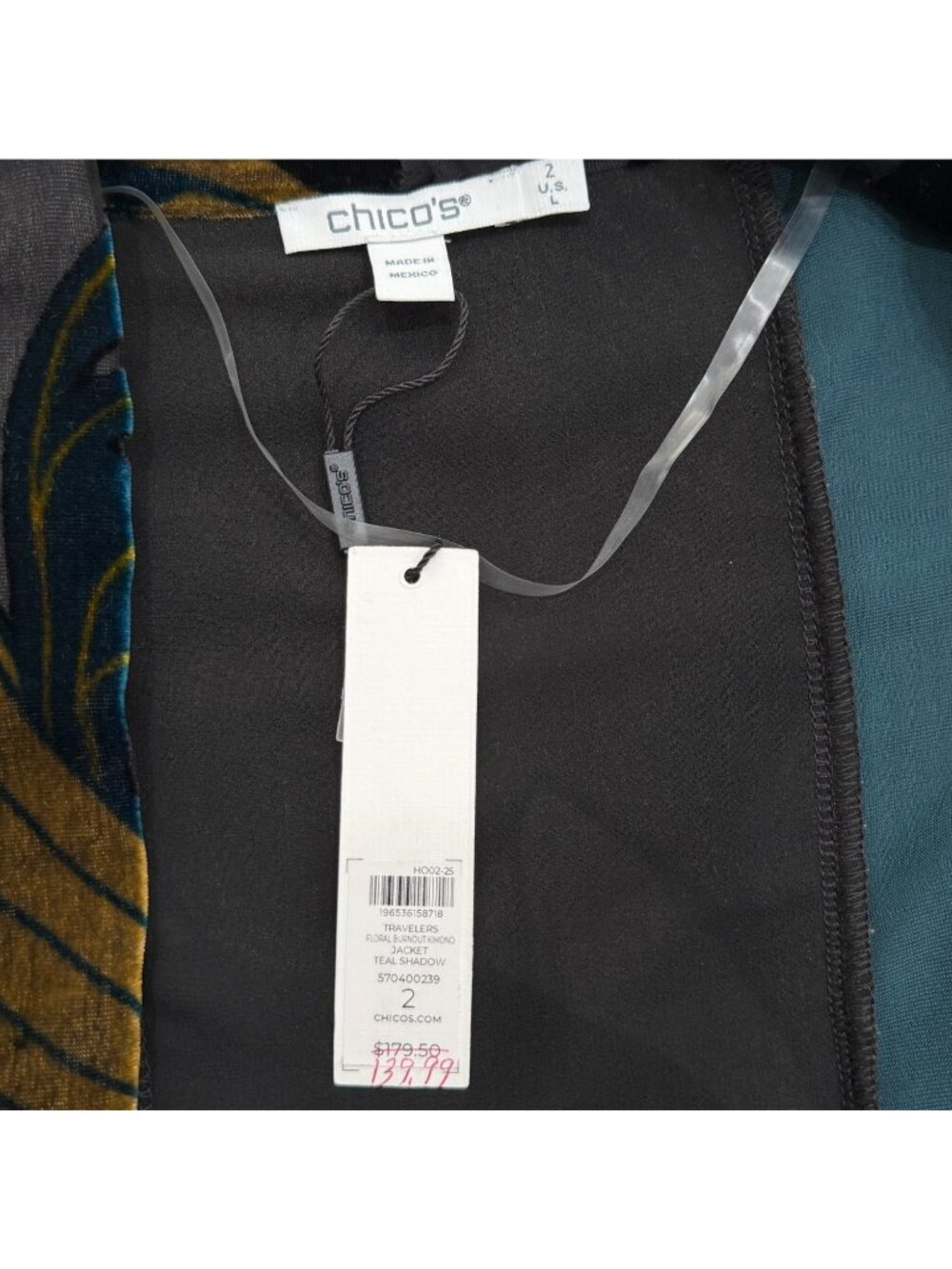 Chicos Womens Size L Travelers Floral Burnout Kimono Jacket Teal Shadow NEW - Picture 5 of 9